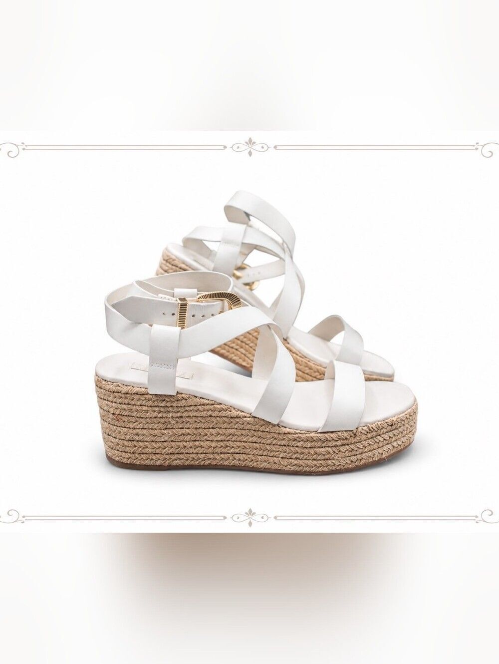 Schutz Strappy Off White Leather Espadrille Wedge Gold Buckle NWT US Size 9